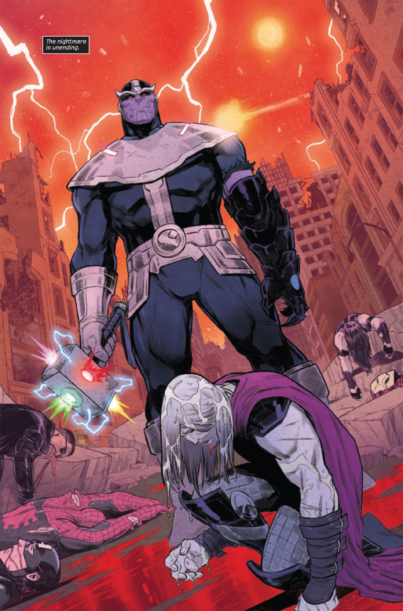 Thanos wields an Infinity Stone-powered Mjolnir against Thor.