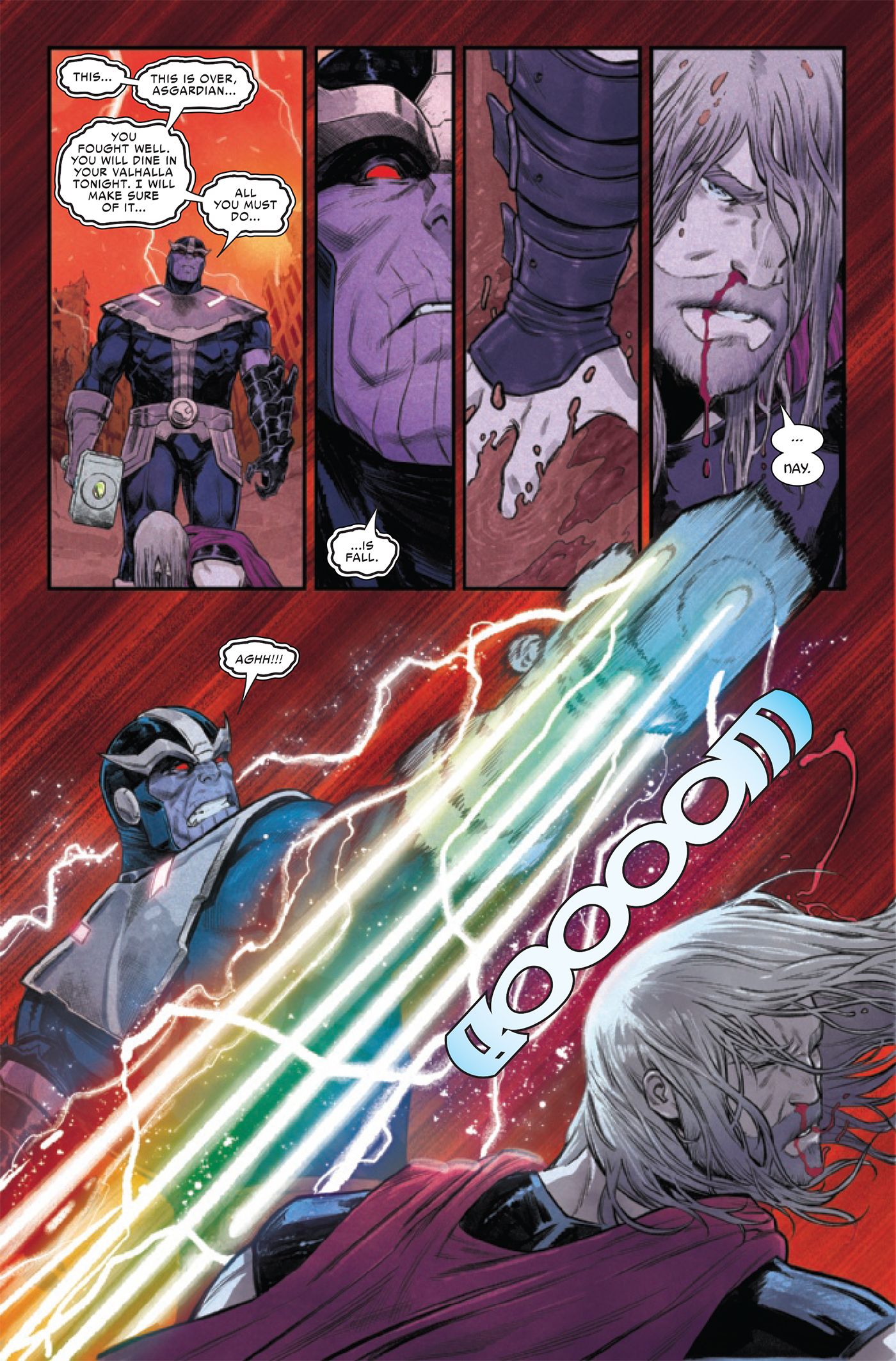 Thanos strikes Thor across the face with Mjolnir.