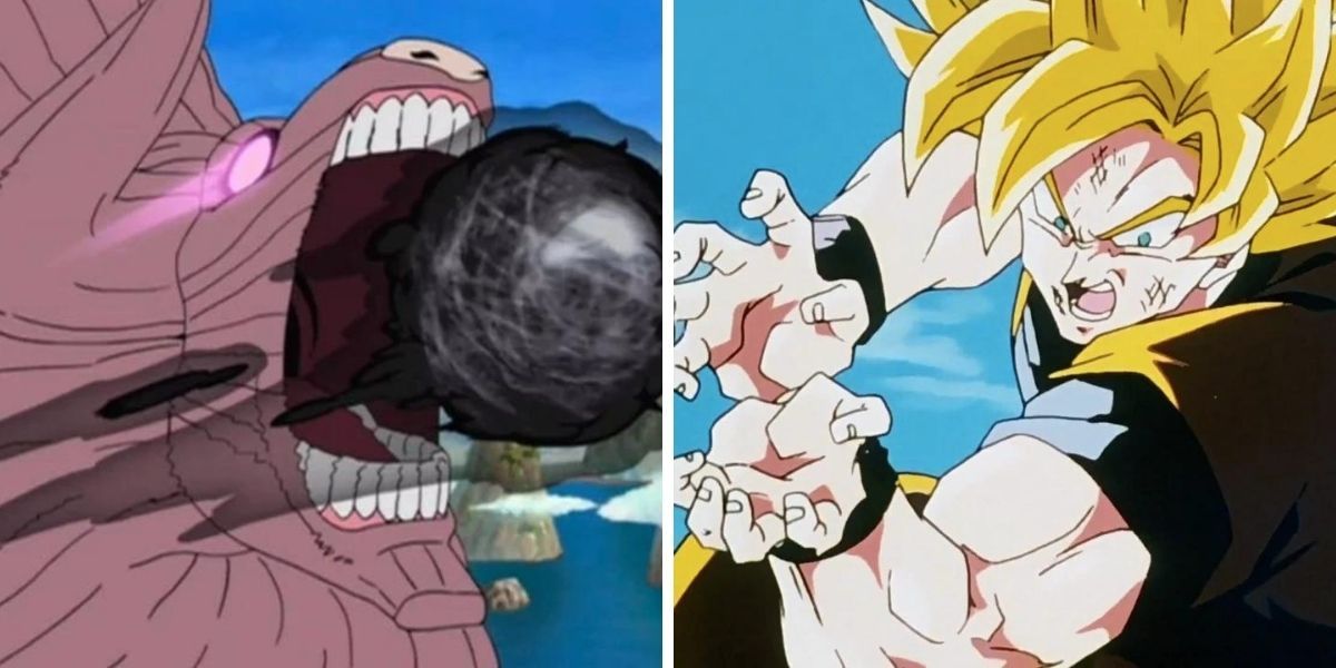 Left image features the Eight Tails using a Tailed Beast Ball; right image features Goku preparing to unleash the Kamehameha