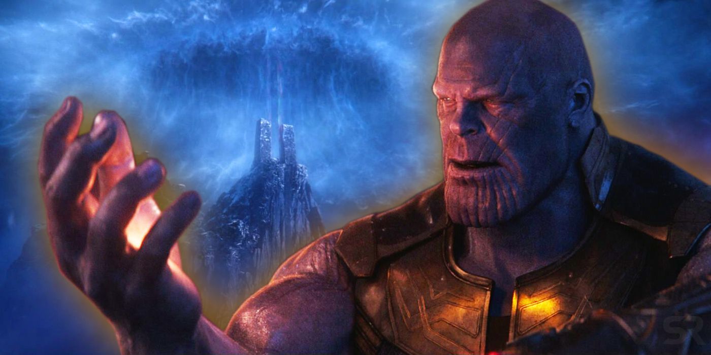 Thanos with the Soul Stone superimposed over the Vormir tower