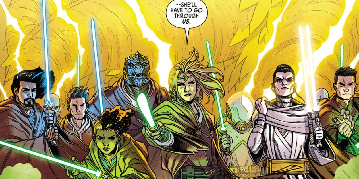 The Jedi defend the Great Progenitor from Myarga in Star Wars The High Republic. They stand with their lightsabers raised facing an offpage Myarga, and Avar Kriss states, &quot;She'll have to go through us.&quot;