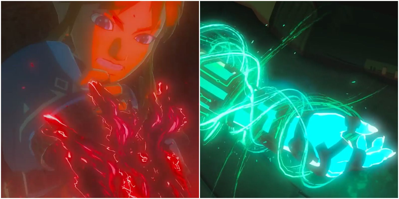 The Legend Of Zelda Breath Of The Wild 2 Trailer Red Malice Attaching To Link's Right Arm And Green Energy Emerging From Bracer Screenshots