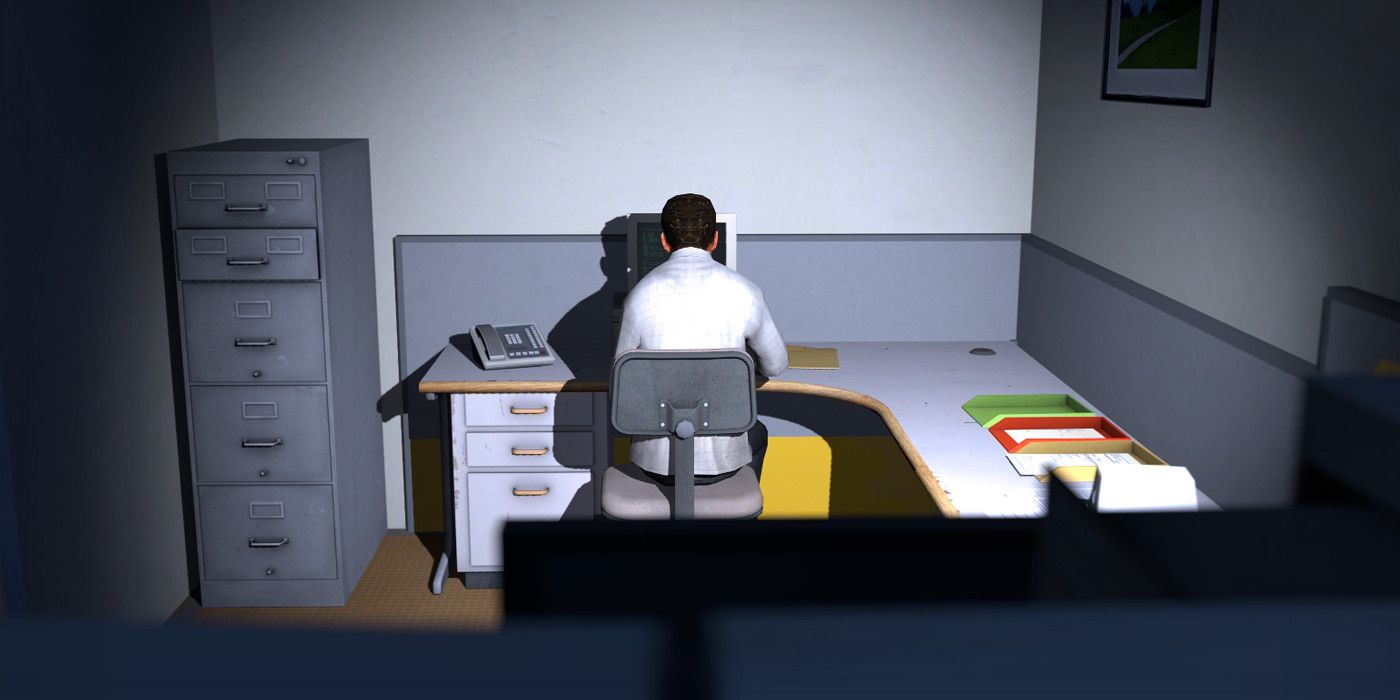 Stanley from The Stanley Parable sitting at his desk
