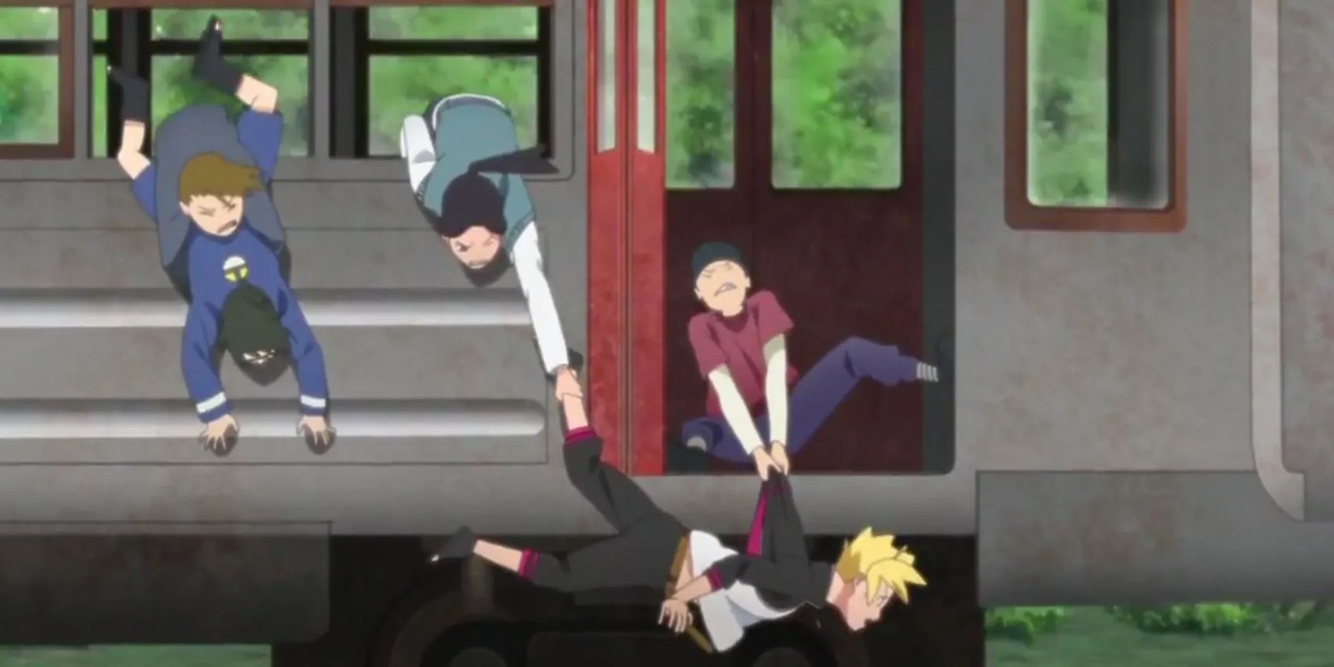 The boys jump the train in the first Boruto episode