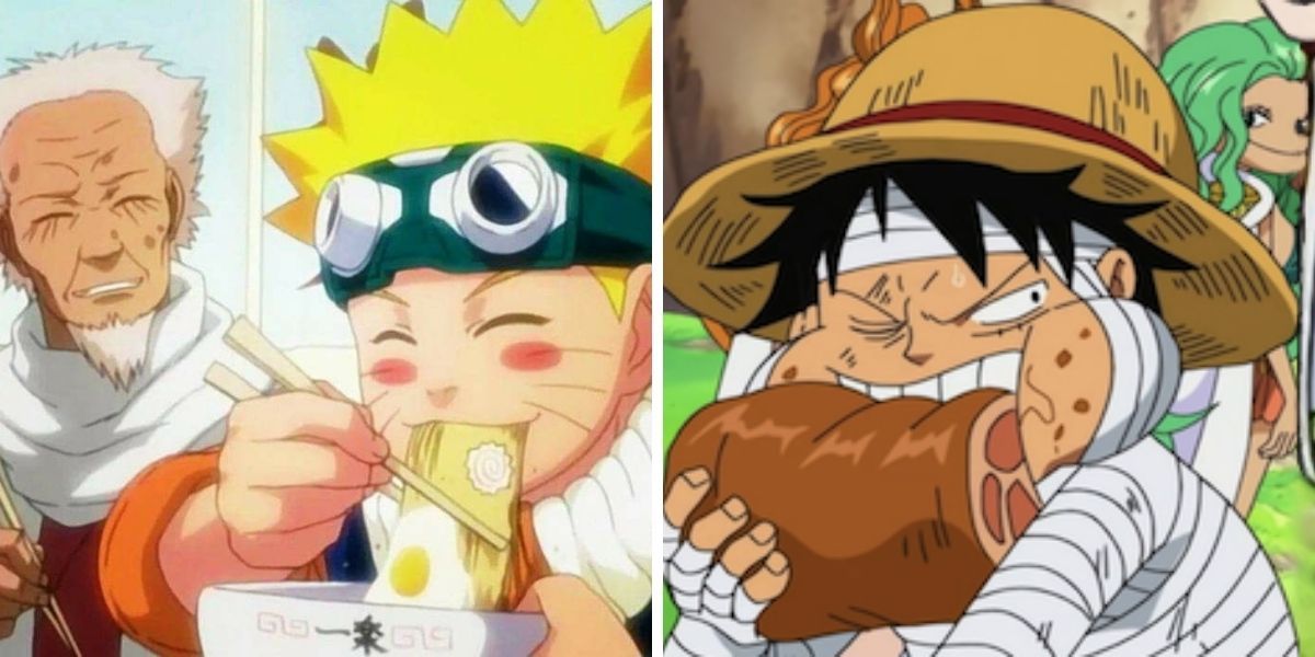 Naruto and Luffy enjoying their favorite foods