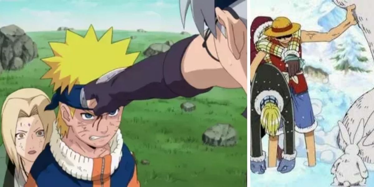 Naruto protecting Tsunade and Luffy protecting Sanji