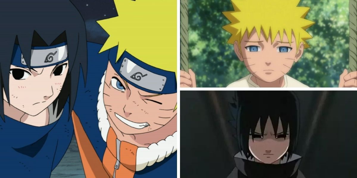 Left image features Naruto Uzumaki and Sasuke Uchiha helping each other; top and bottom right images feature a lonely Naruto Uzumaki and Sasuke Uchiha as children