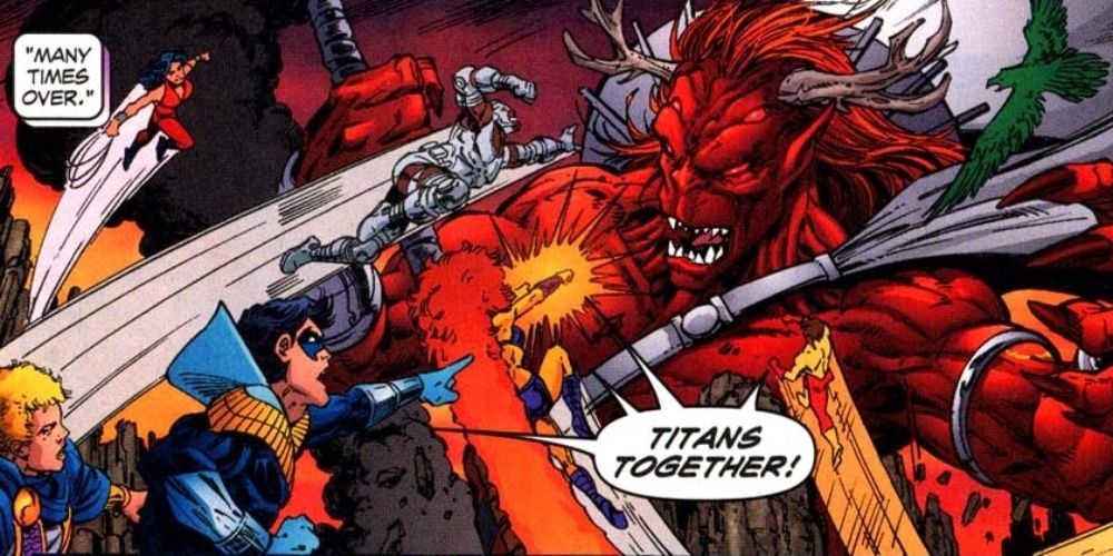 Teen Titans shouting Titans Together as they fight Trigon