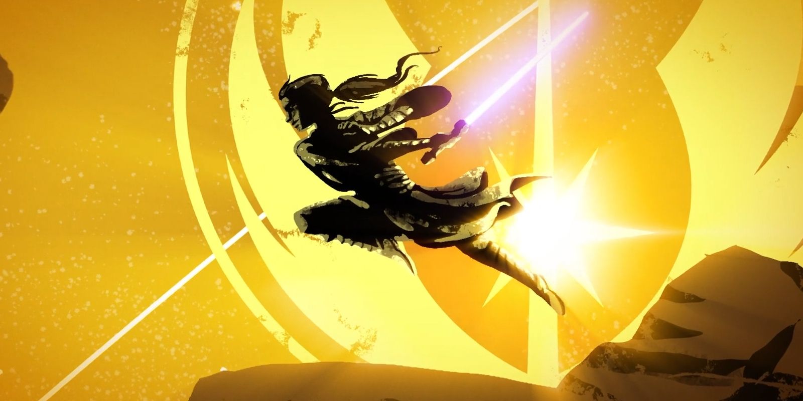 Vernestra Rwoh leaps with her lightsaber in Star Wars The High Republic. The Jedi emblem is in the background.