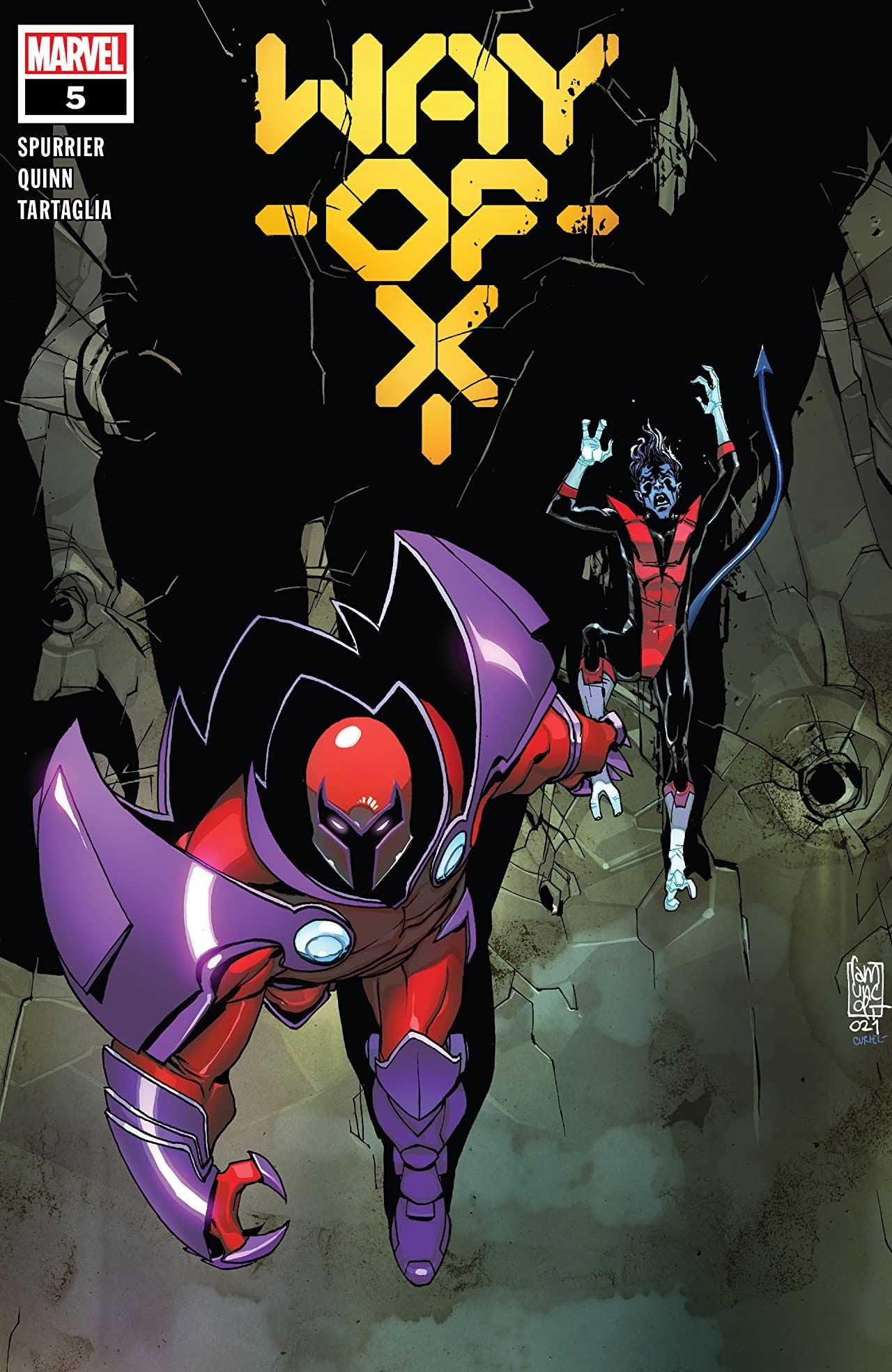 Onslaught fights Nightcrawler on the cover of Way of X 5 by Giuseppe Camuncoli