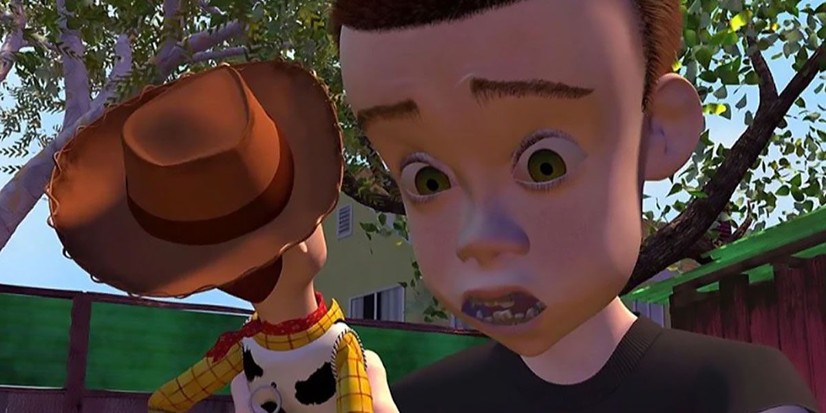 Sid holding Woody as he talks to him in Toy Story.