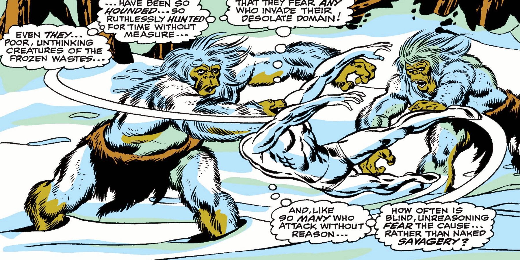 Group Of Yeti Standing In Snow Throwing Rocks From Silver Surfer Marvel Comics