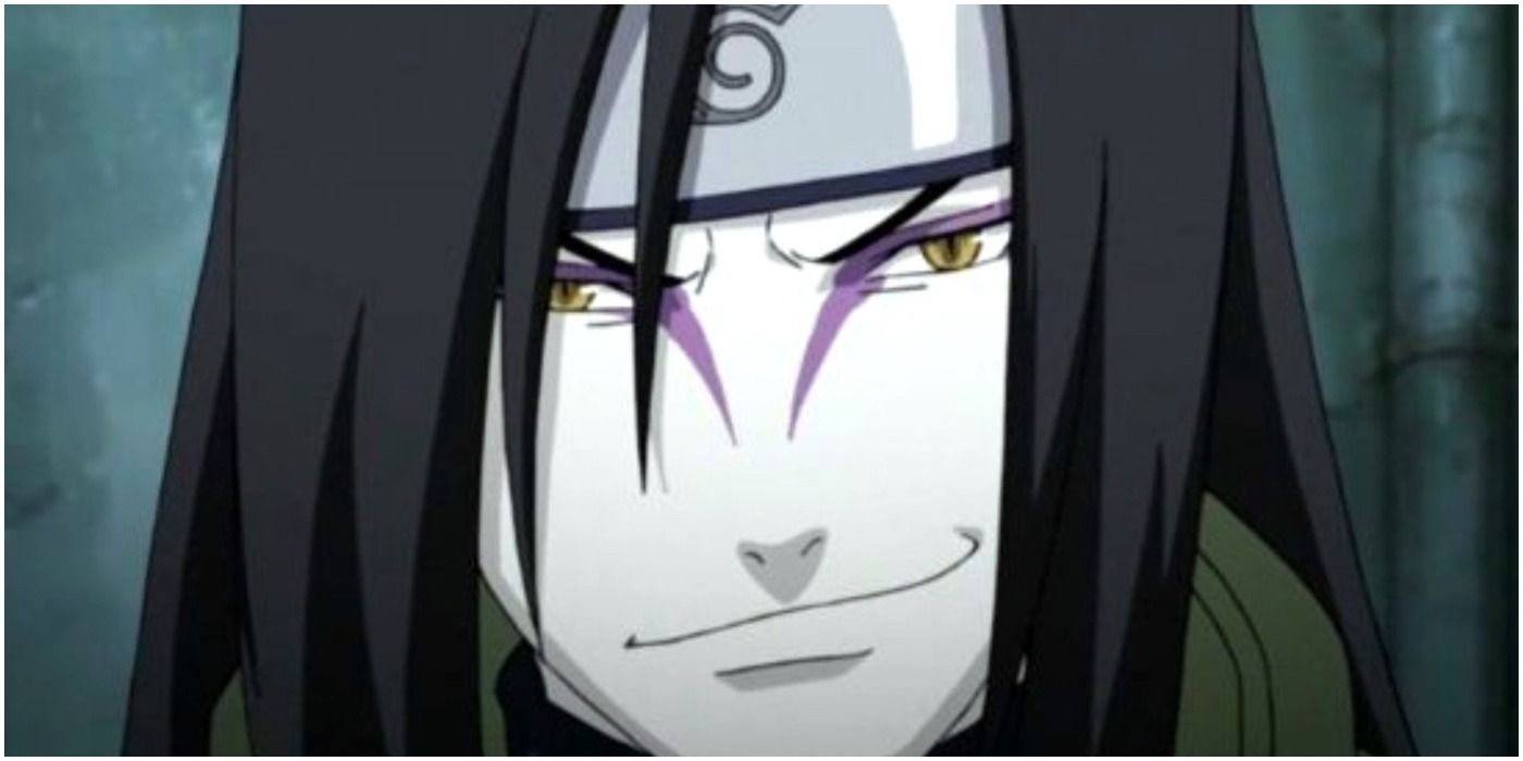 Orochimaru smirks while wearing the leaf village headband