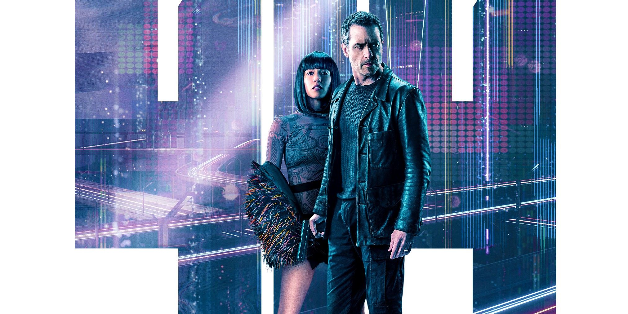 Main characters in black leather cyberpunk stand in front of the numbers 414 made from an image of a city with outrun aesthetic