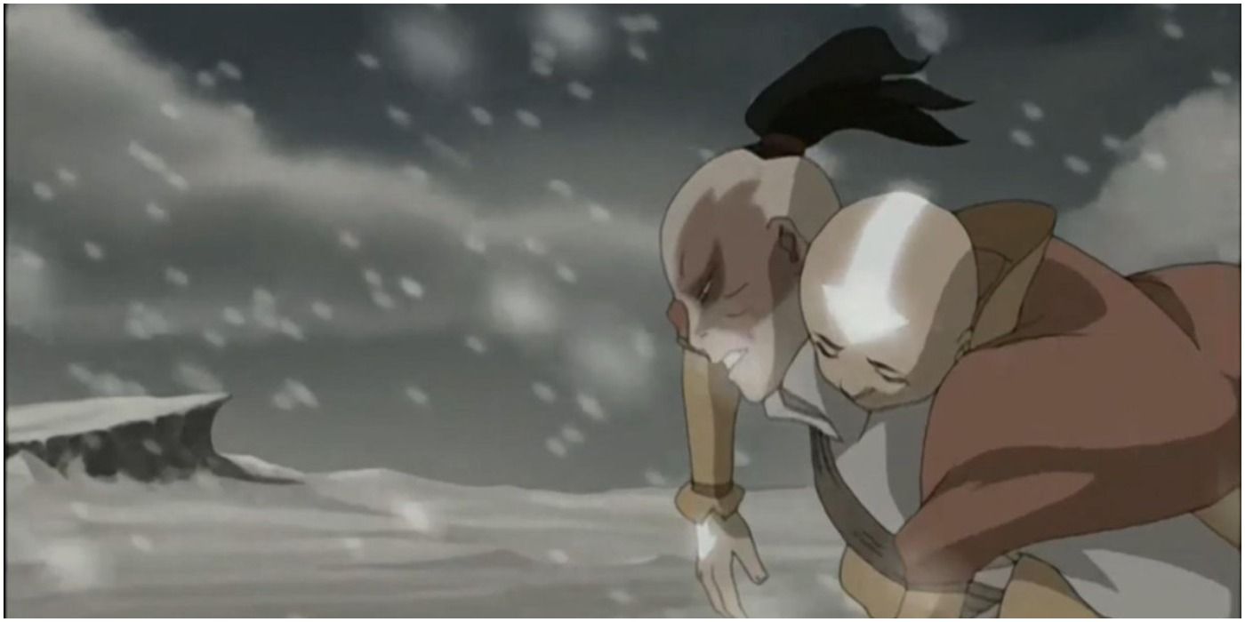 Zuko carries unconscious Aang through the North Pole tundra