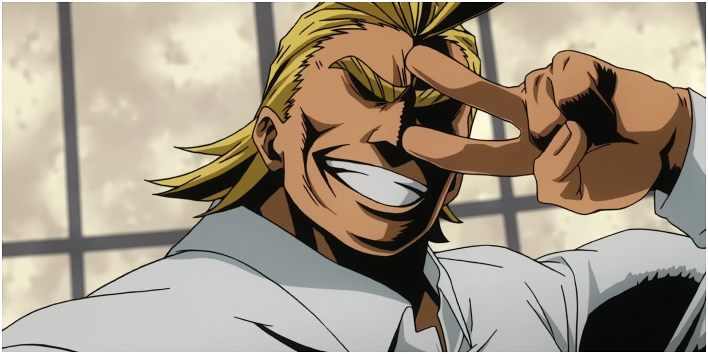 All Might smiles wide and holds up the peace sign
