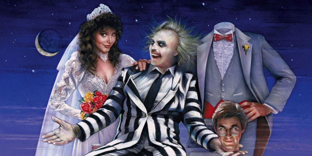 Beetlejuice, Barbara and Adam Maitland stand in front of a starry night sky