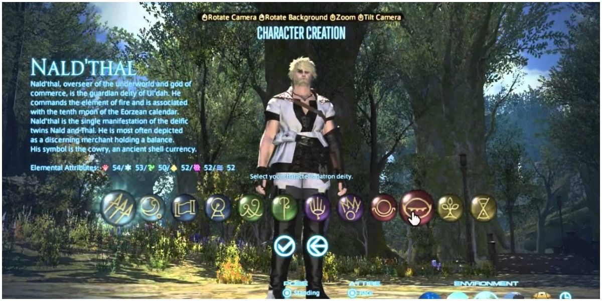 character selection screen with naldthal as patron deity in final fantasy xiv