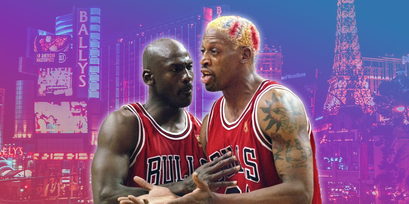 Michael Jordan and Dennis Rodman during 1998 playoffs over image of Las Vegas with colorful gradient