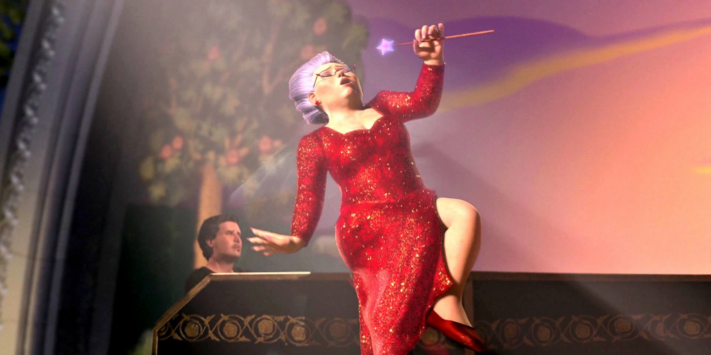 Fiona's Fairy Godmother singing in her red dress