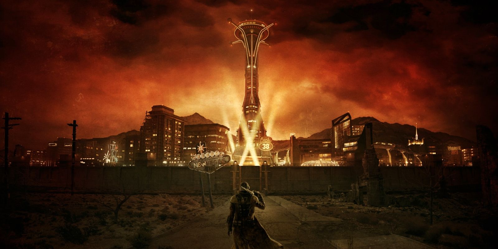 Key art from Fallout New Vegas showing a man walking towards the entrance to a city.