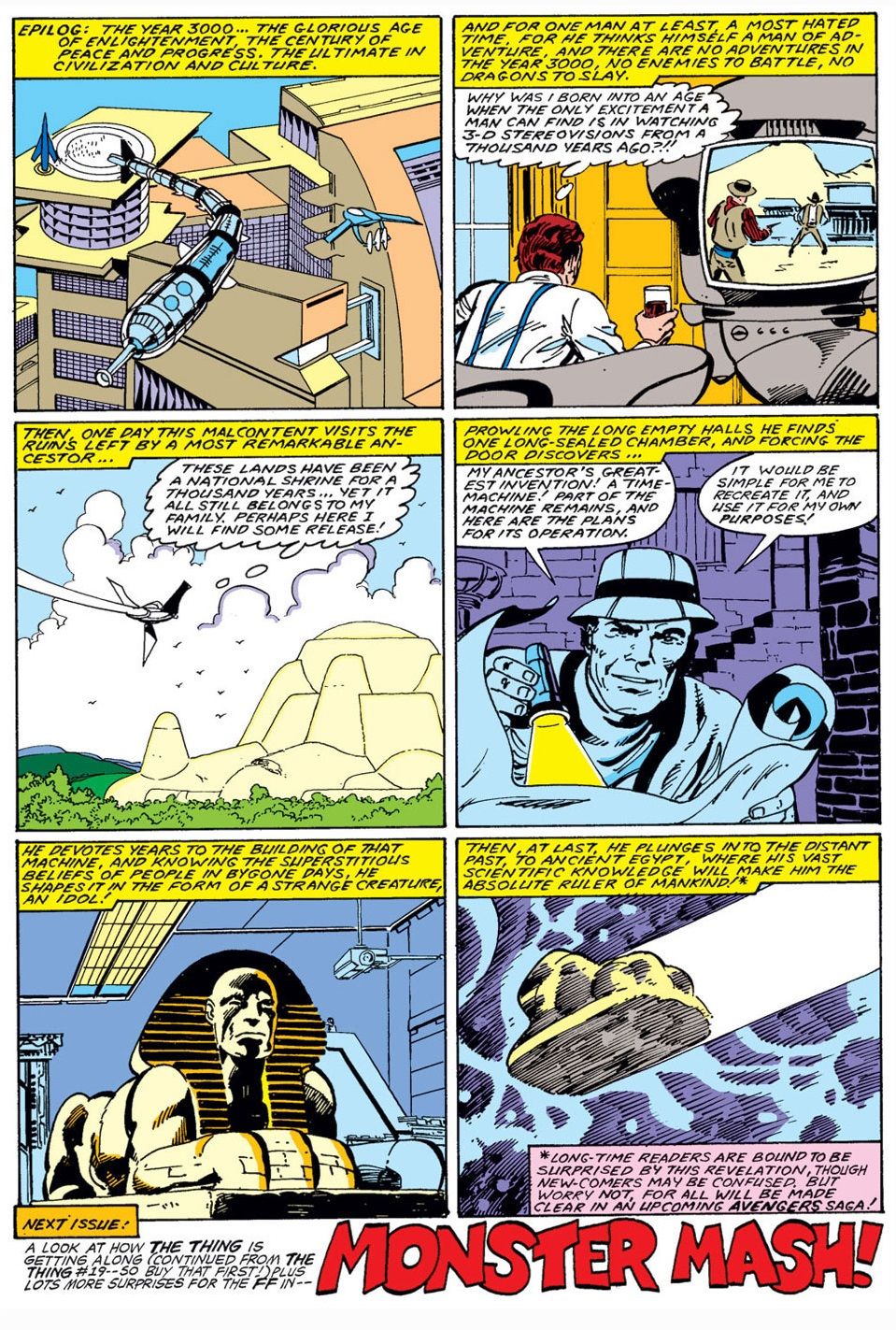 A page detailing Nathaniel Richards' origin story shows him making a time machine