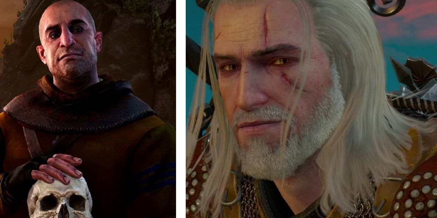 A split image showing Gaunter Odimm on the left and Geralt on the right