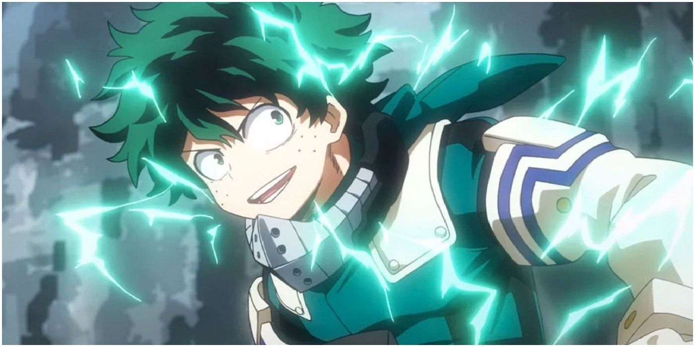 Midoriya smiles confidently surrounded by green electricity