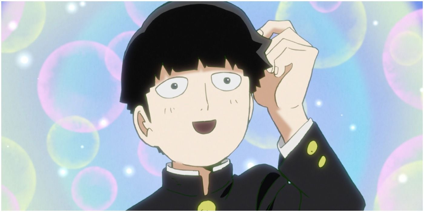 Mob Kageyama smiles and scratches head against a dreamy background