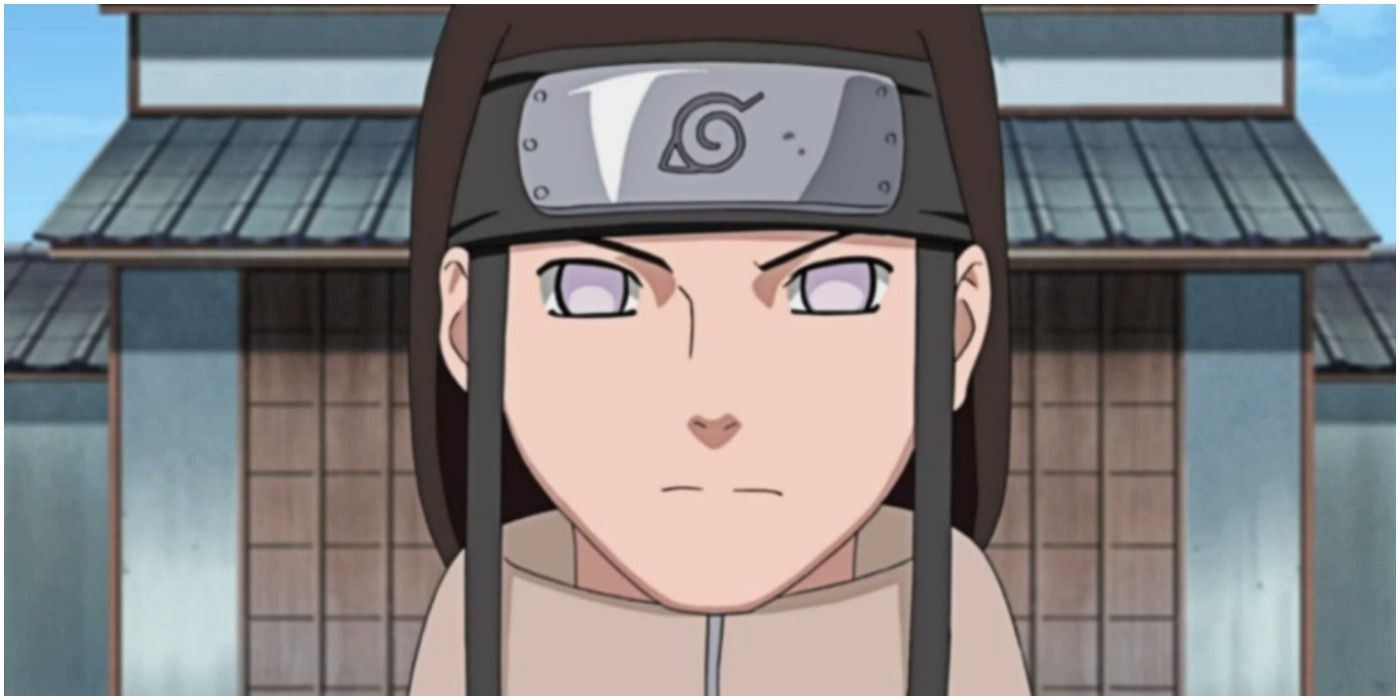 Neji Hyuga stands before a house and stares out in Naruto.