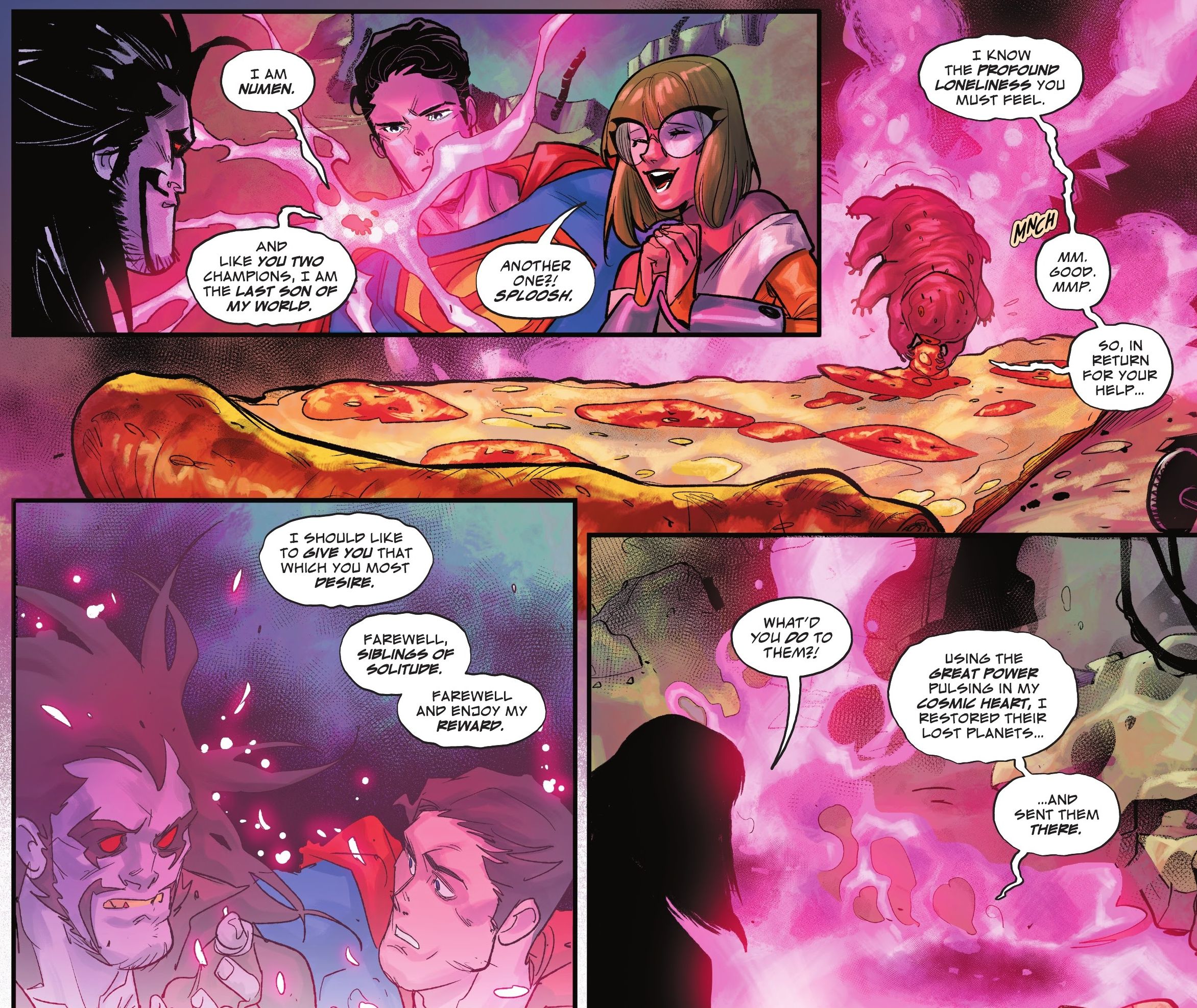 Numen transports Superman and Lobo and eats pizza