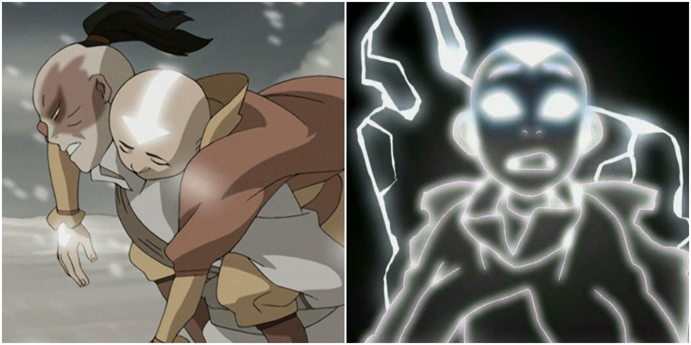 Zuko carrying Aang on his back, Aang struck by Azula's lightning