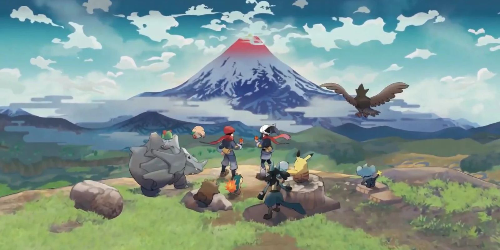 Key art for Pokémon Legends: Arceus depicting the protagonists and their Pokémon looking at Mt. Coronet.
