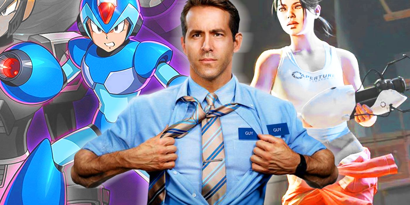 ryan reynolds from free guy in front of megaman and portal