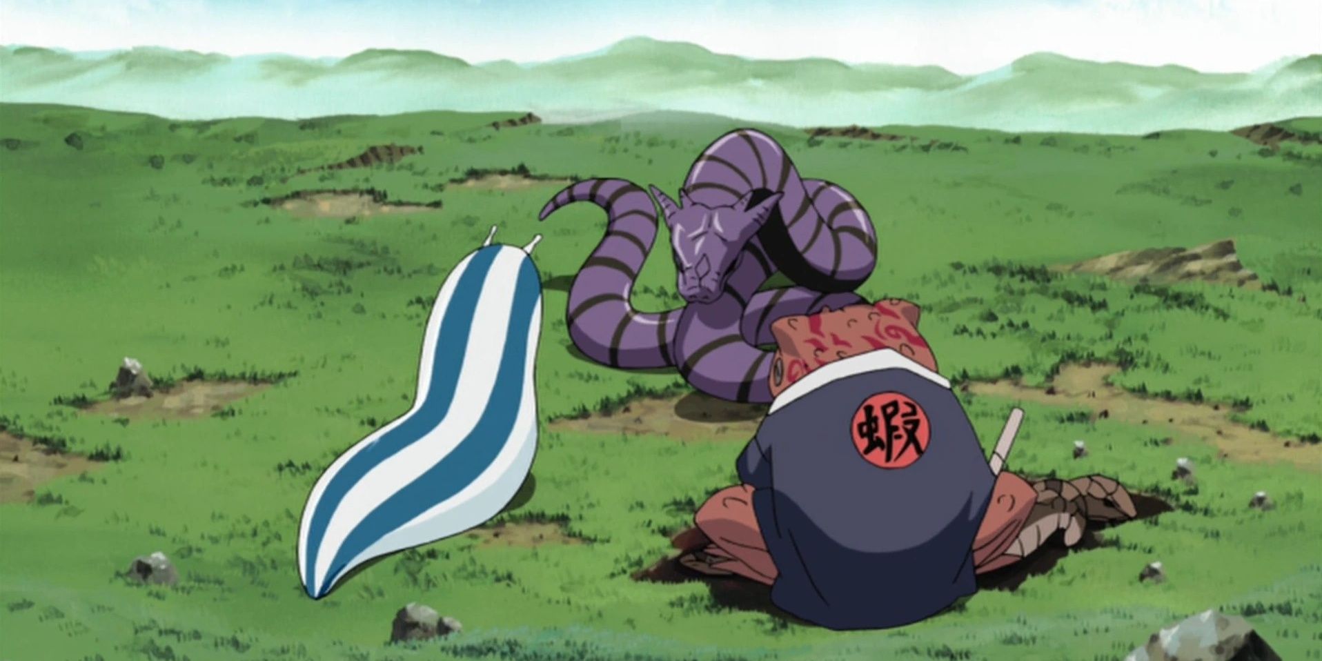 Gamabunta, Manda e Katsuyu estão lutando no anime Naruto.