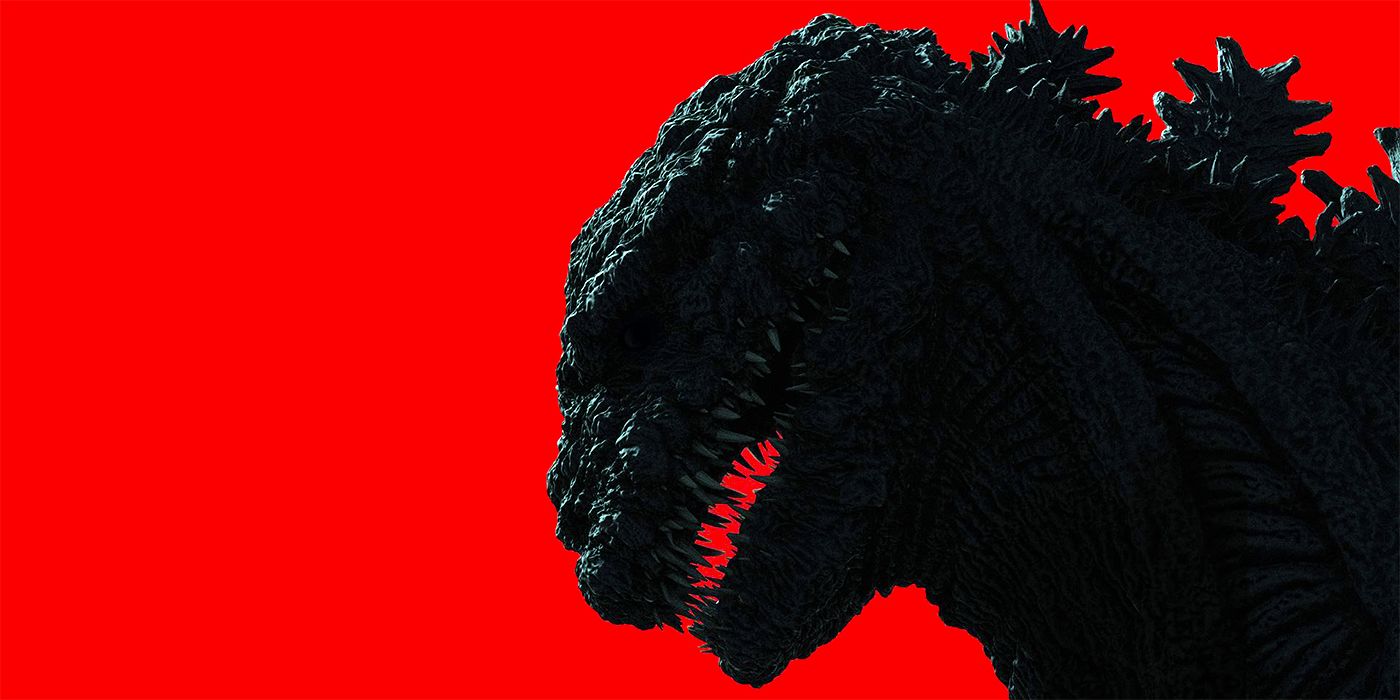 Shin Godzilla against a red background in the Shin Godzilla poster.