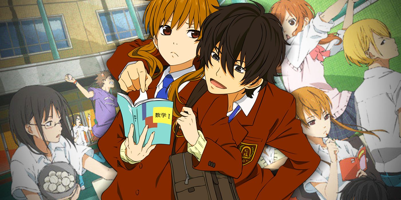 Shizuku and Haru embracing in My Little Monster with collage behind them.