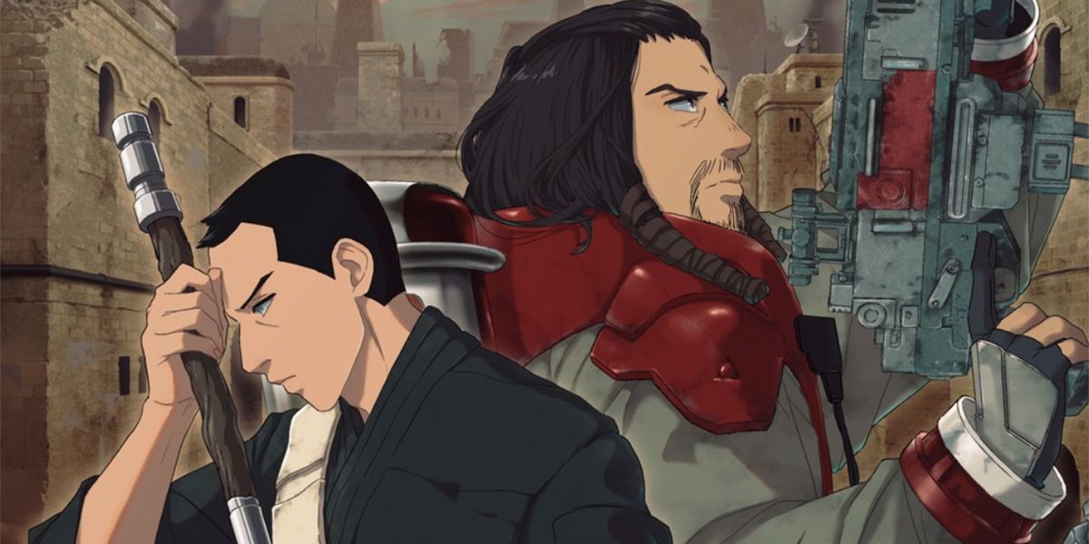 Chirrut Imwe and Baze Malbus stand back to back on the cover of Star Wars: Guardians of the Whills the Manga