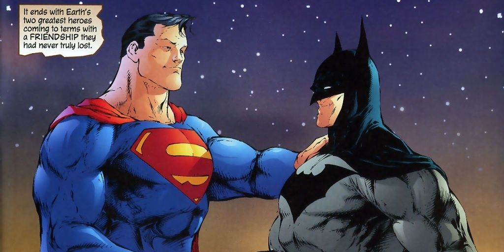 Superman and Batman being friends and shaking hands.
