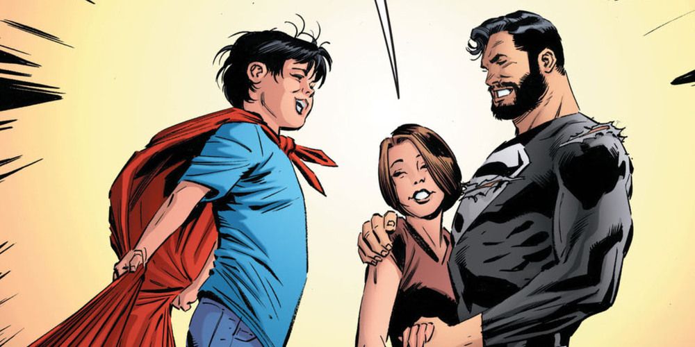 Jon Kent wears a blanket as a cape in front of his parents in DC Comics