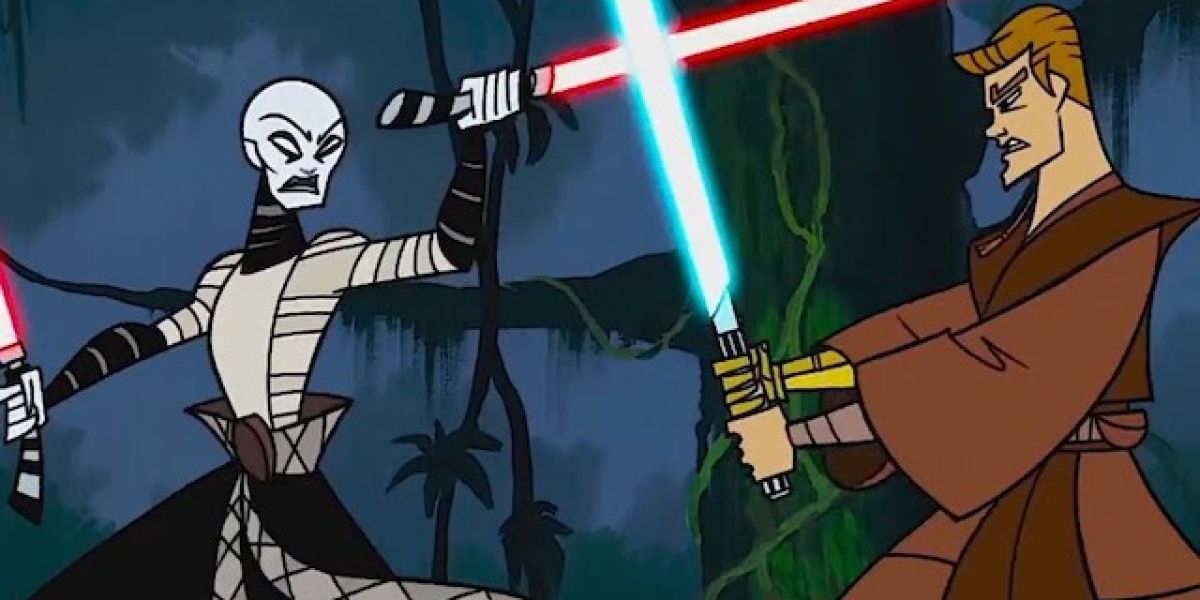 Asajj Ventress and Anakin Skywalker dueling in Star Wars: Clone Wars