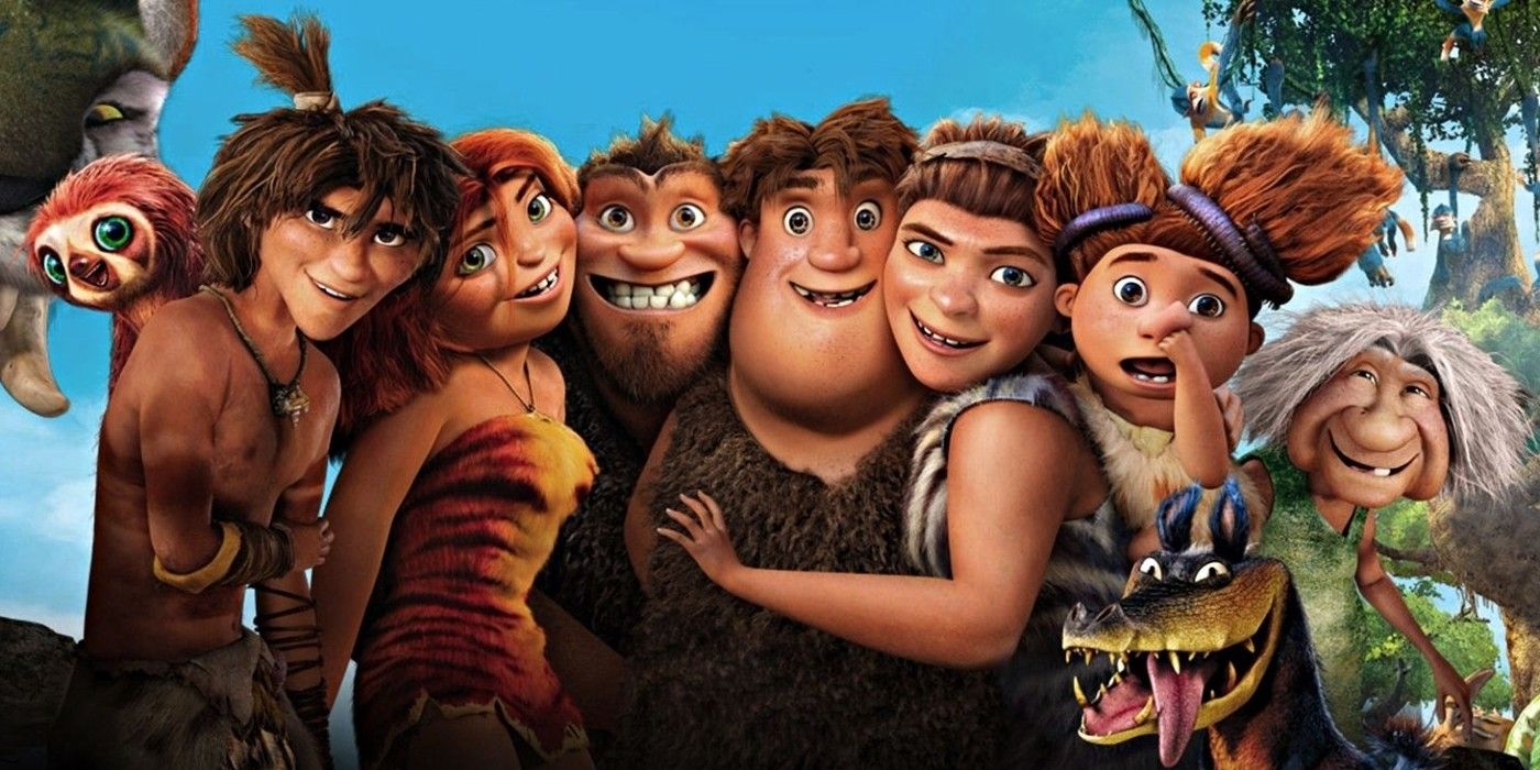 The characters in The Croods hugging