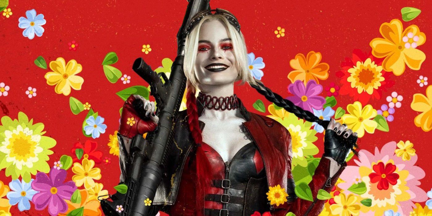 Harley Quinn holds a rocket launcher while flowers grace the background.