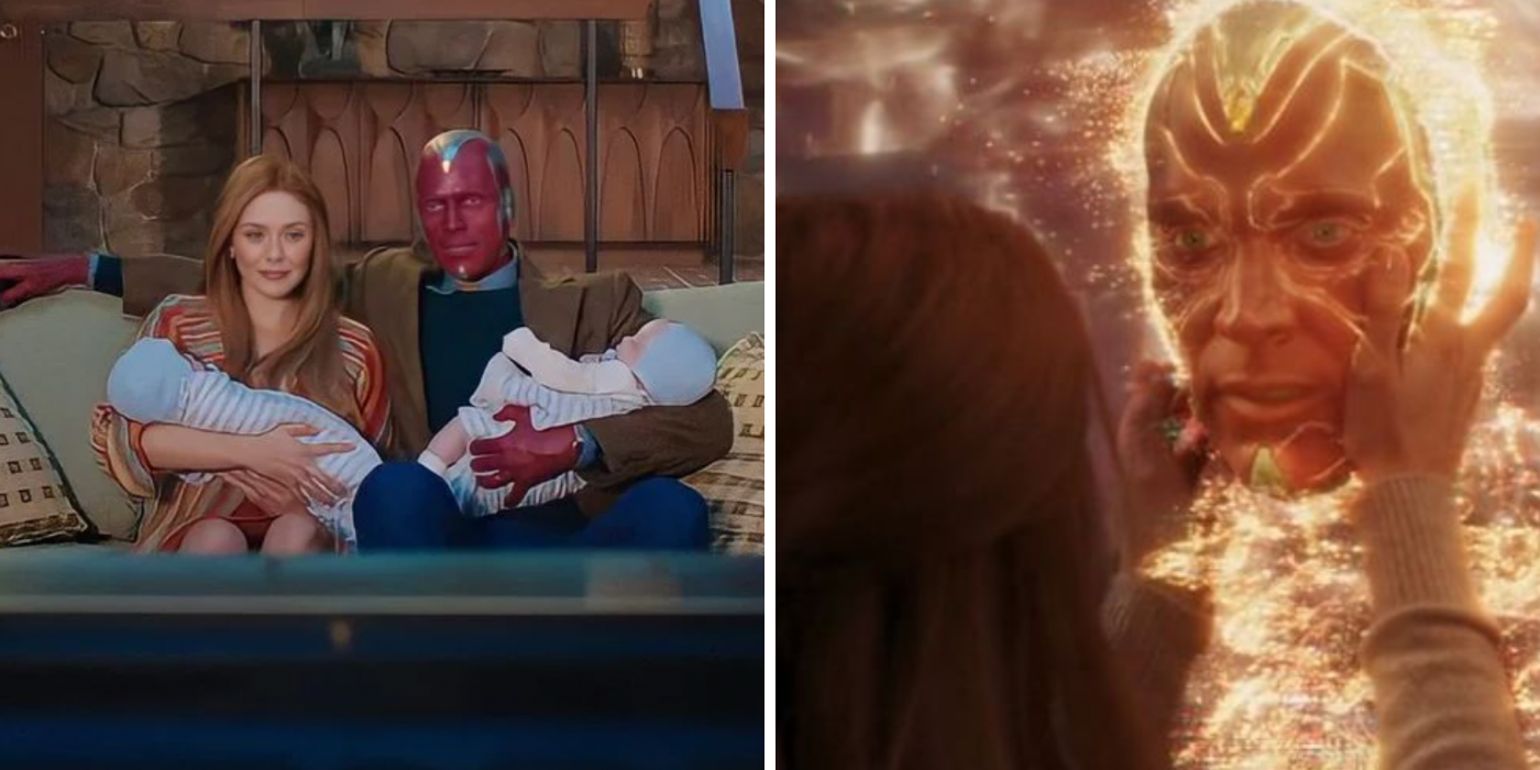 Wanda & Vision sitting with their babies & Vision disappearing