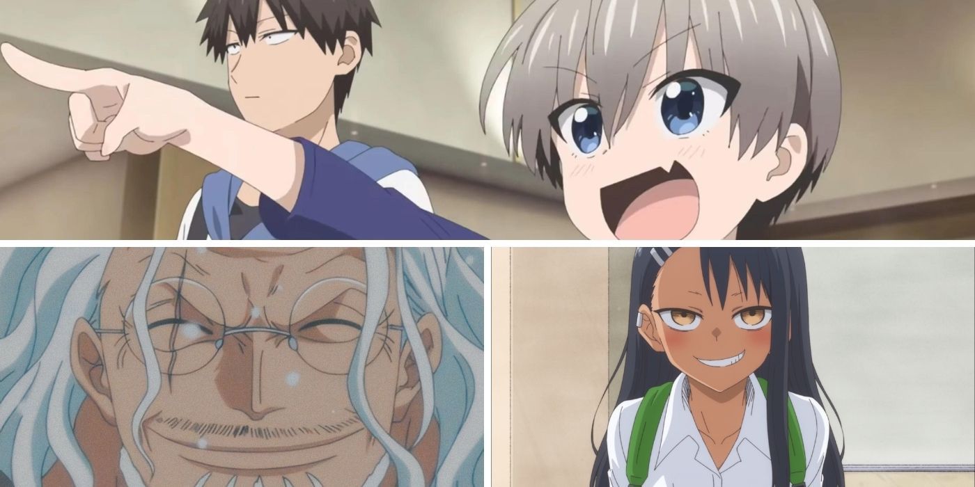 Top image features Hana Uzaki and Shinichi Sakurai from Uzaki-chan Wants To Hang Out!; bottom left image features a smiling Rayleigh from One Piece; bottom right features a mischievous smiling Nagatoro-san from Don't Toy With Me, Miss Nagatoro