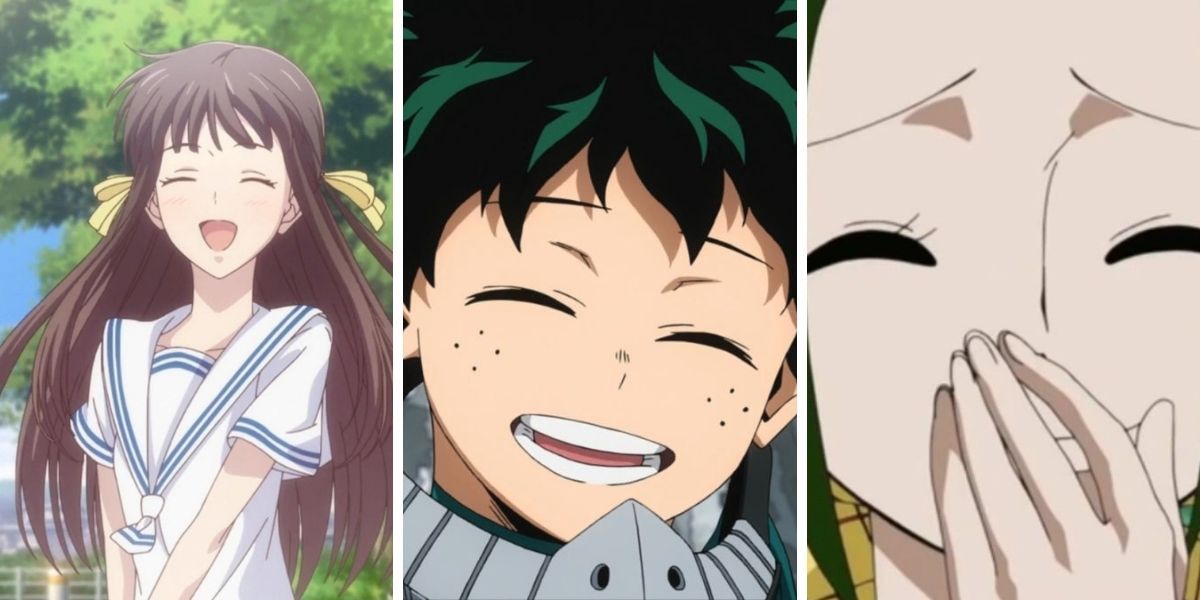 Left image features a smiling Tohru Honda from Fruits Basket; middle image features a smiling Izuku &quot;Deku&quot; Midoriya from My Hero Academia; right image features a giggling Makino from One Piece