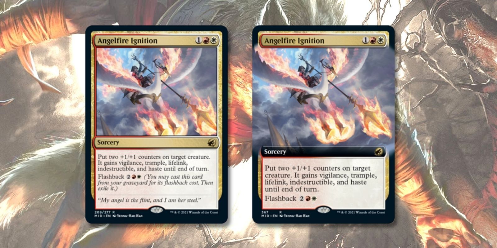 Angelfire Ignition, both as a normal and full art card in Magic: The gathering's Innistrad: Midnight Hunt expansion