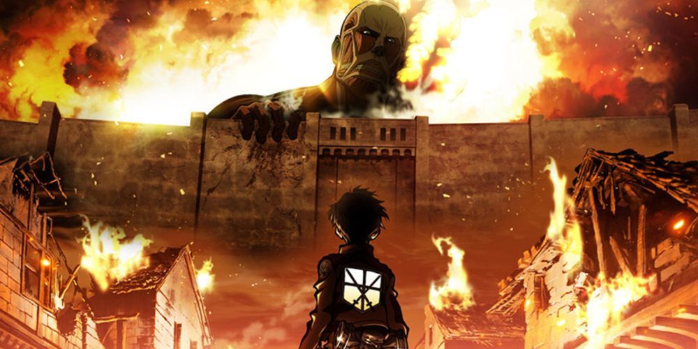 Attack on Titan Eren Stands Before Wall, Colossal Titan Stares Down at Him