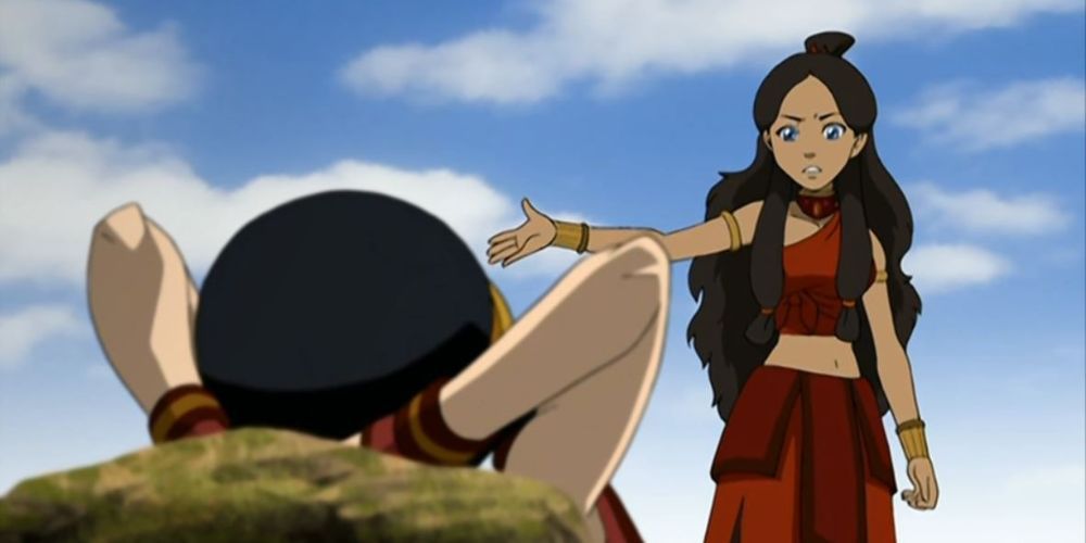 Avatar Toph Relaxing in Foreground, while Katara Scolds Her in the Background