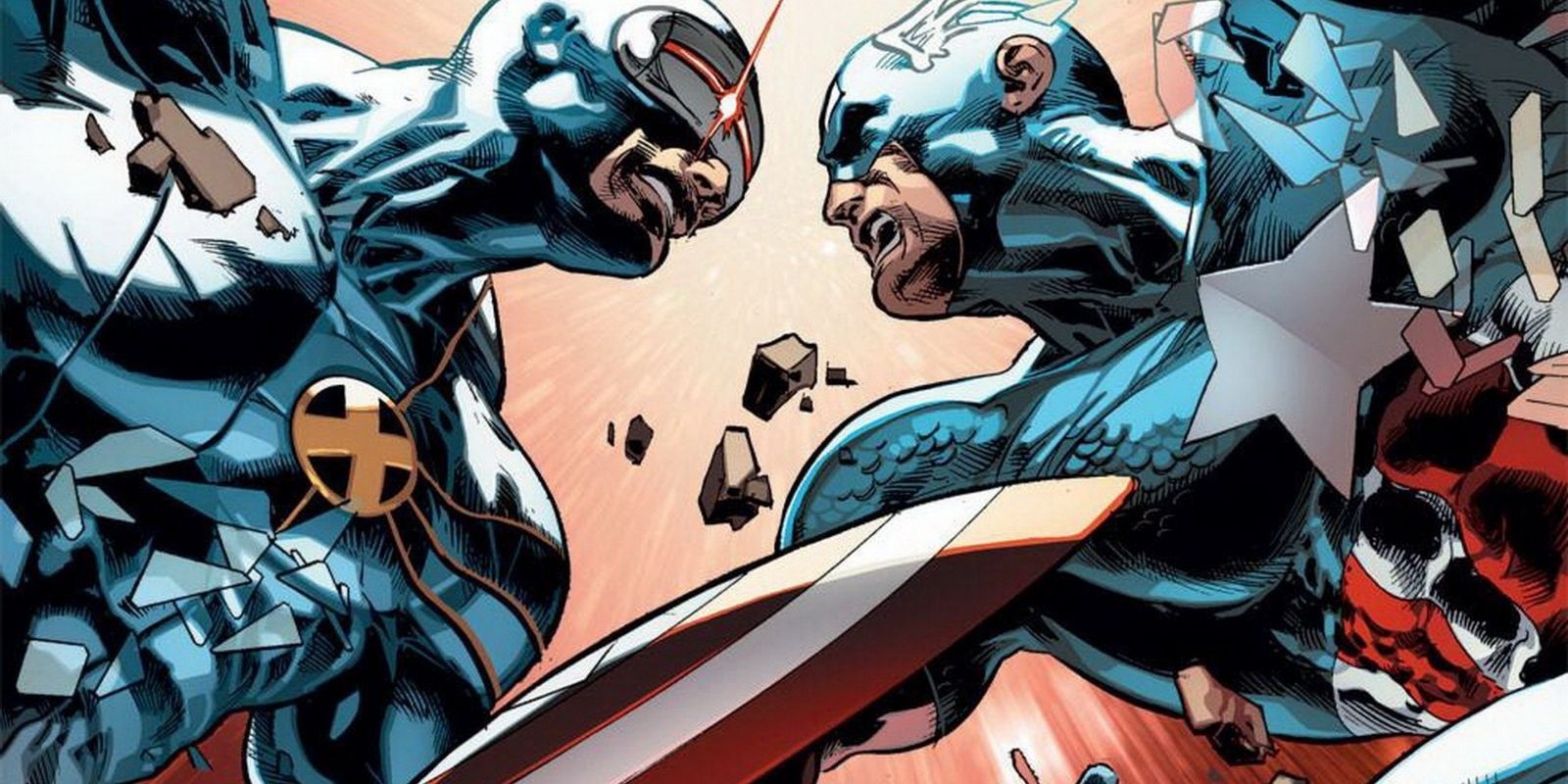 Cyclops from the X-Men clashing with Captain America from The Avengers
